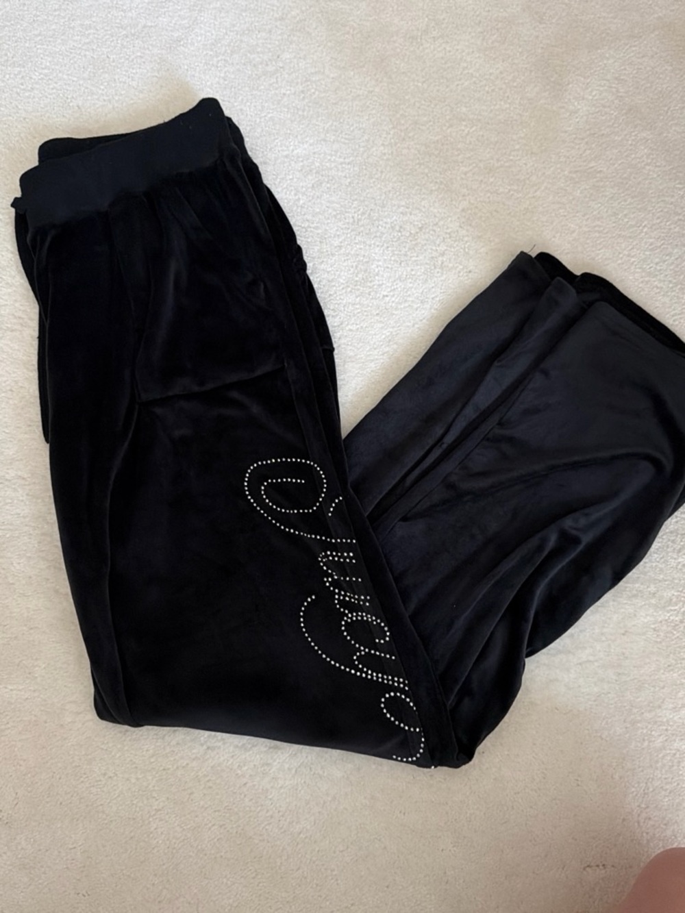 Juicy Couture Black Velour Rhinestone Script Track Pants